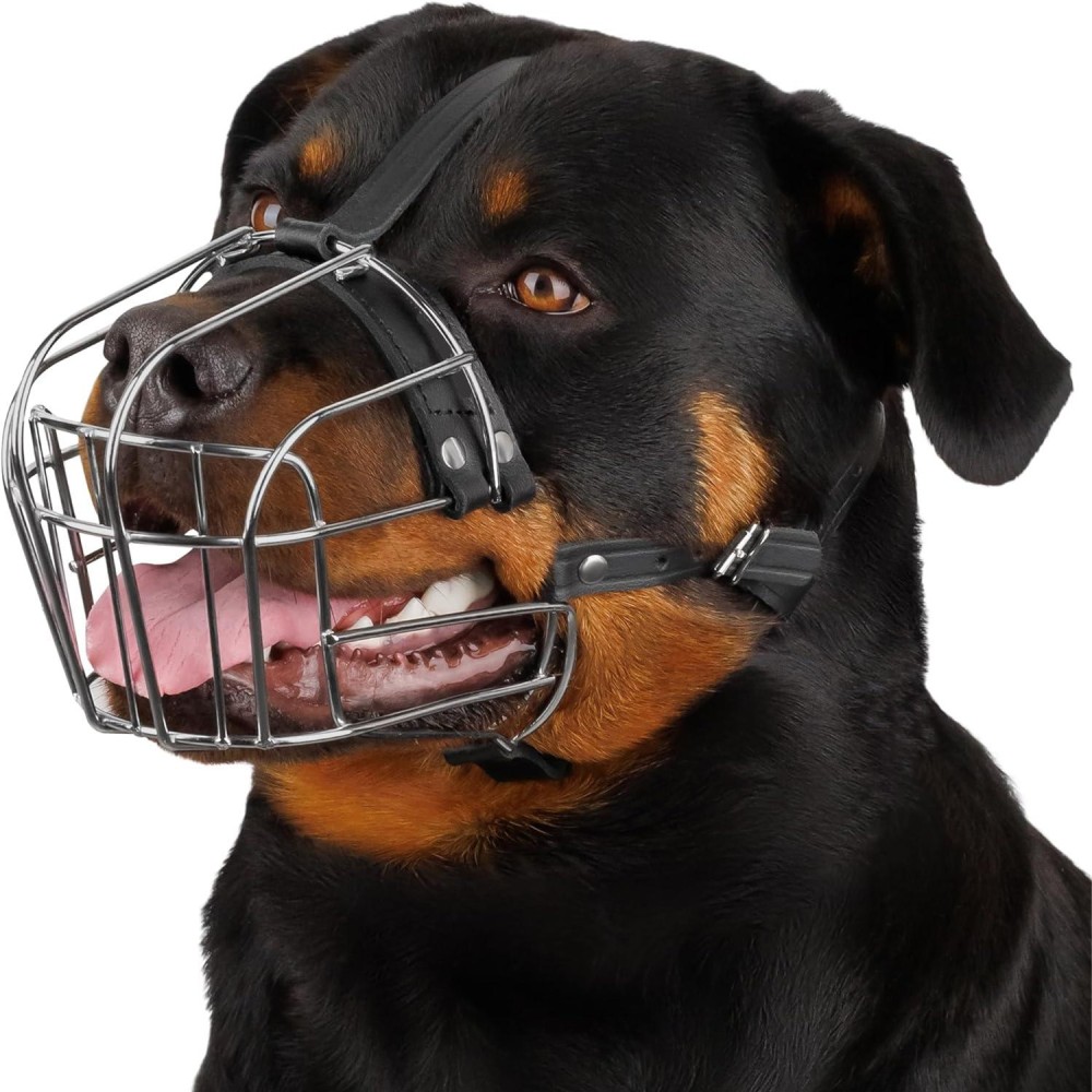 Durable Stainless Steel Basket Dog Muzzle for Rottweiler with Adjustable Leather Straps Drinkable Training to Prevents Biting