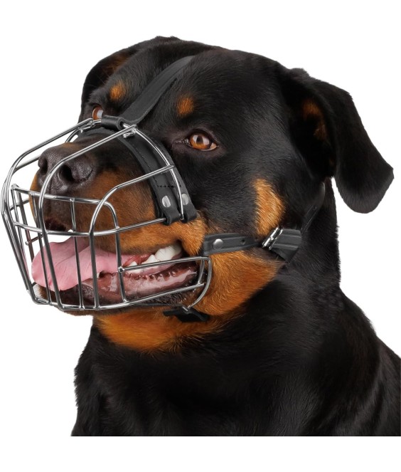 Durable Stainless Steel Basket Dog Muzzle for Rottweiler with Adjustable Leather Straps Drinkable Training to Prevents Biting