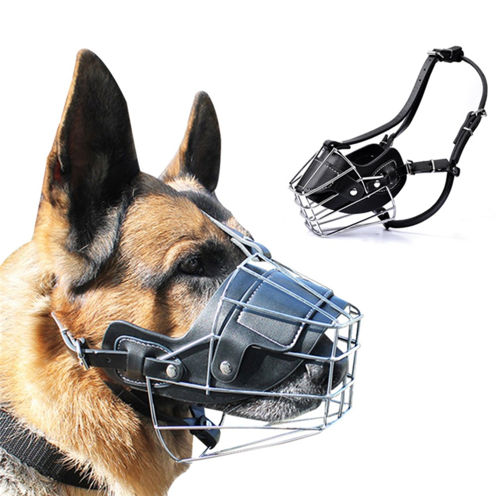 Adjustable Metal Leather Straps Durable Stainless Steel Basket Dog Muzzle for Medium Large Dog Anti-Bite Guard Dog Mouth Cover