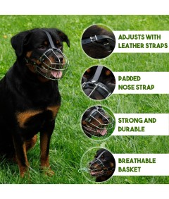 Durable Stainless Steel Basket Dog Muzzle for Rottweiler with Adjustable Leather Straps Drinkable Training to Prevents Biting