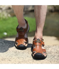 Große geschlossene Zehenpartie aus echtem Leder mit magischem Aufkleber Lässige Outdoor Sandalen für Herren