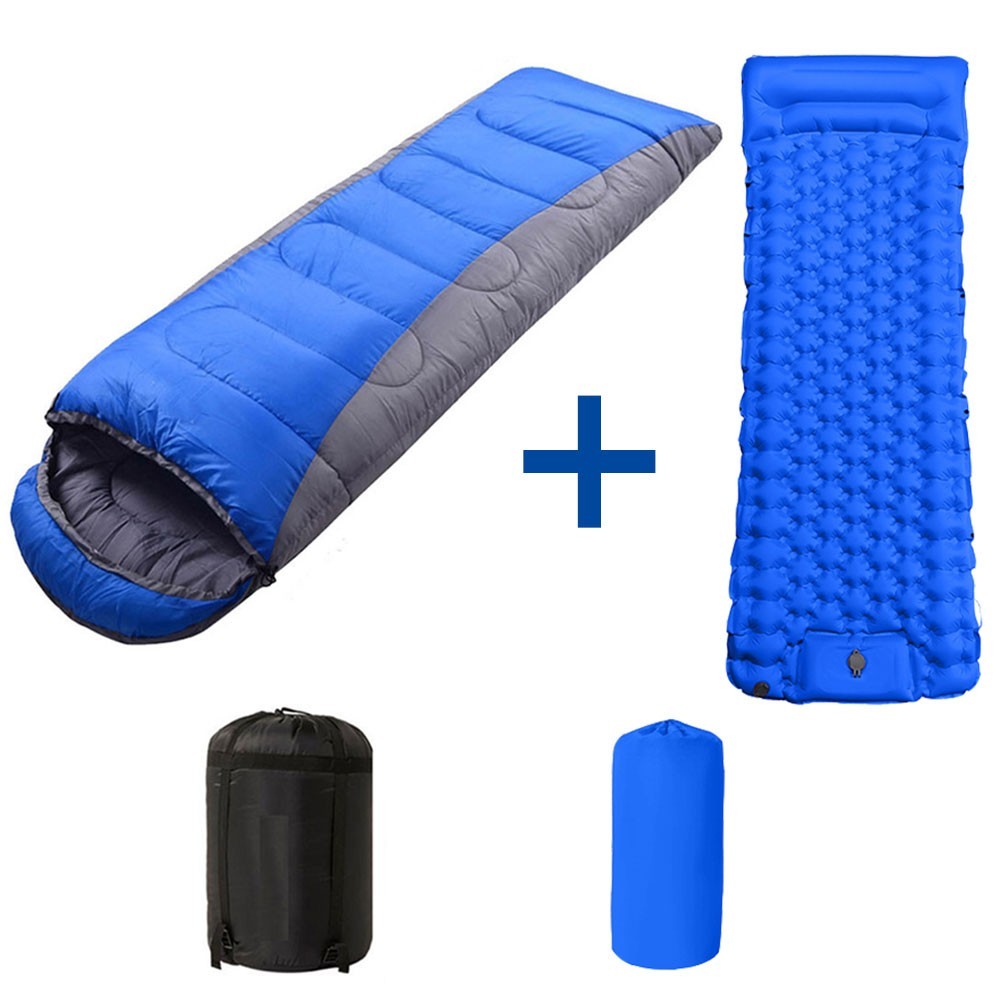 210cm x 75cm 4 Season Cotton Sleeping Bag and 190cm x 60cm Foot Operated TPU Self Inflatable Air Sleeping Pad Bundle