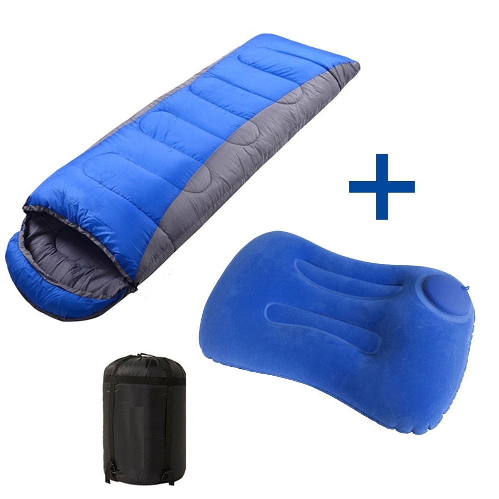 210cm x 75cm 4 Season Cotton Sleeping Bag and 32cm x 49cm Ultralight Self-Inflatable Pillow Bundle Camping Hiking