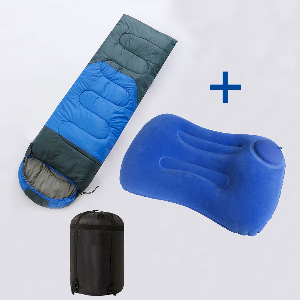 220cm x 75cm 4 Seasons Cotton Sleeping Bag and 32cm x 49cm Ultralight Press Self Inflatable Camping Hiking Pillow Bundle