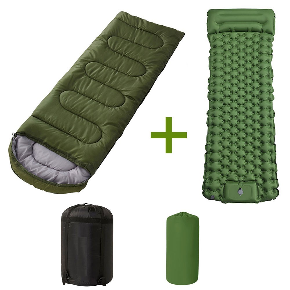 210cm x 75cm 4 Season Cotton Sleeping Bag and 190cm x 60cm Foot Operated TPU Self Inflatable Air Sleeping Pad Bundle